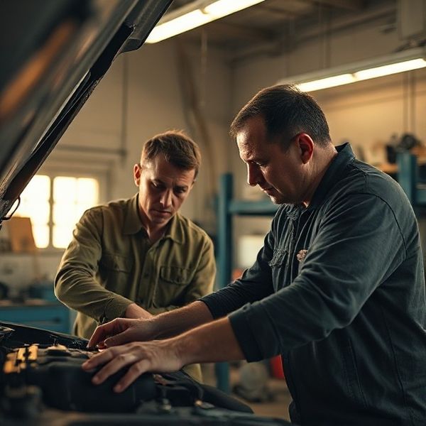 Doi mecanici Pandaplumen colaborând asupra unui motor în atelier